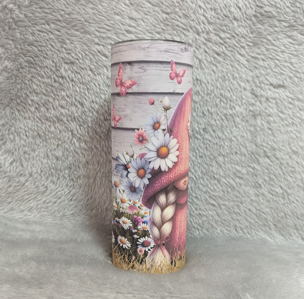 Cute Girl Tumbler With A Girl Wearing Pink With White Daisy Flowers 20oz With Reusable Straw, Can Be Personalized