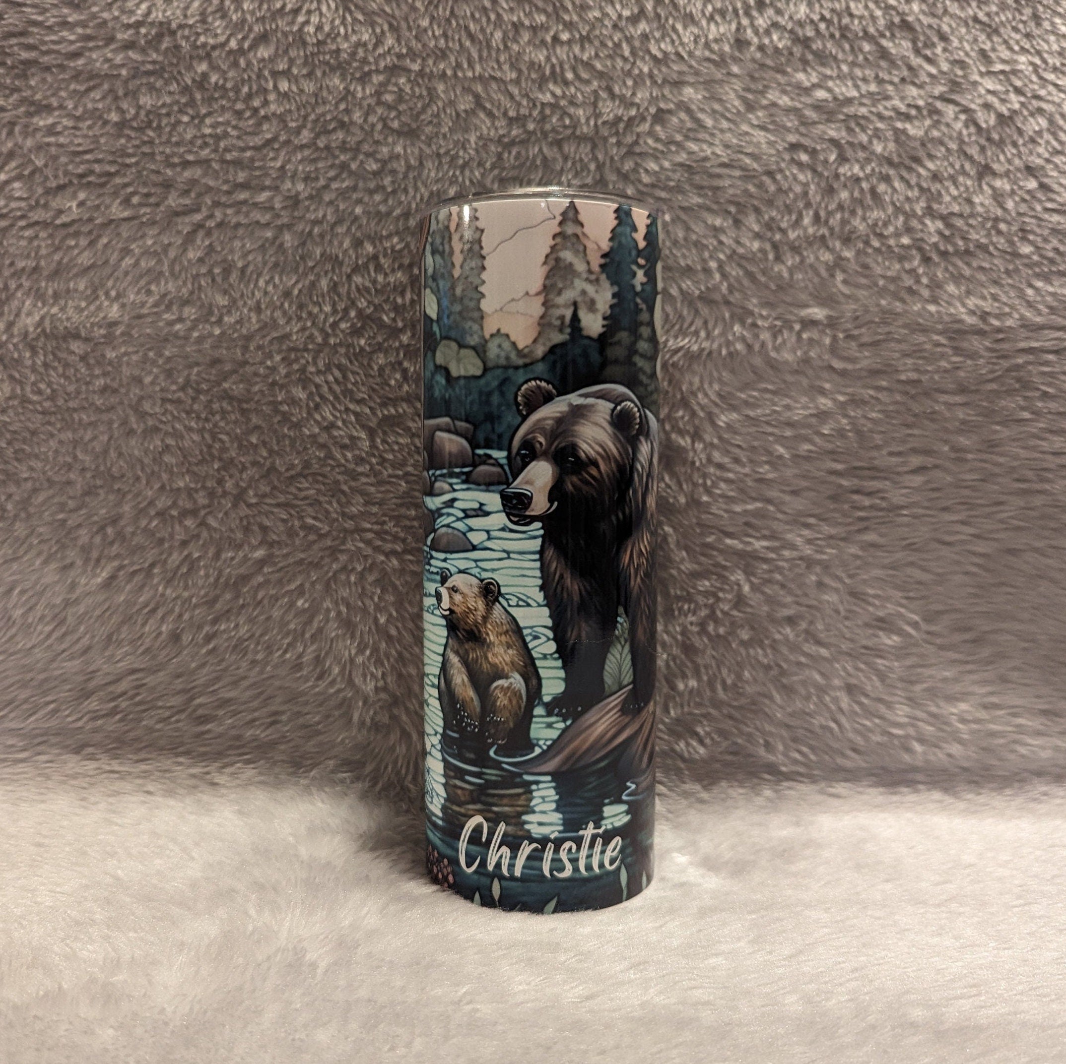 Bear Tumbler With A Stained Glass Design 20oz With Reusable Straw, Can Be Personalized