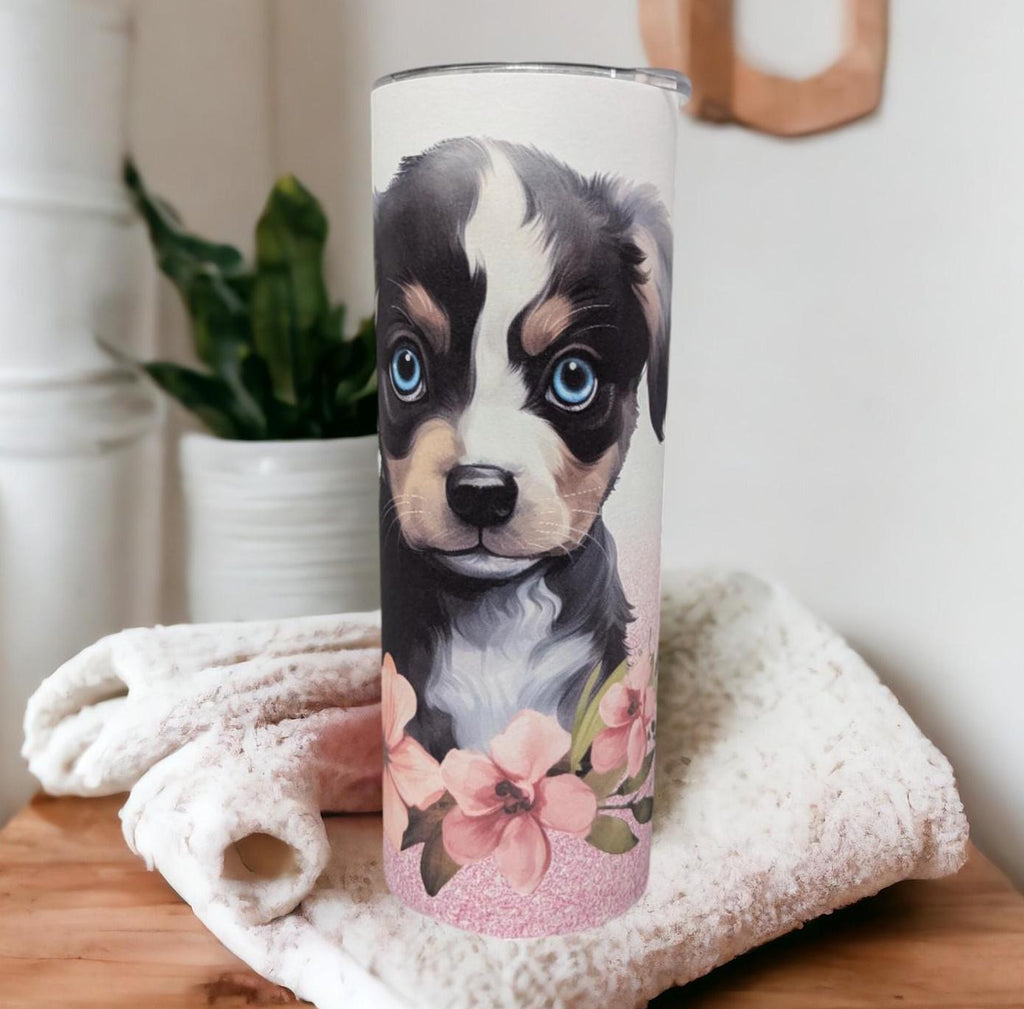 Cute Puppy Tumbler 20oz With Reusable Straw, Can Be Personalized
