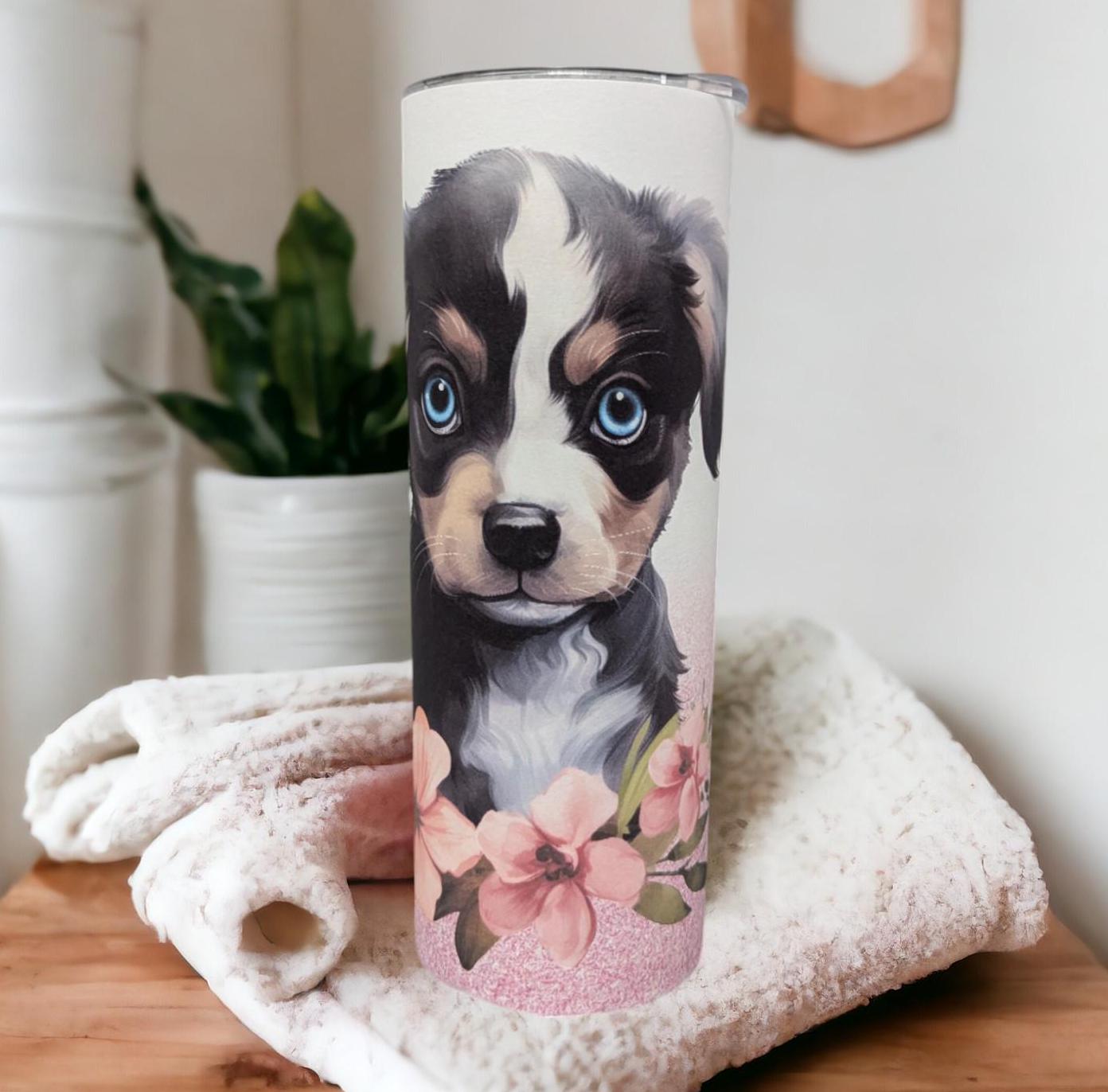 Cute Puppy Tumbler 20oz With Reusable Straw, Can Be Personalized