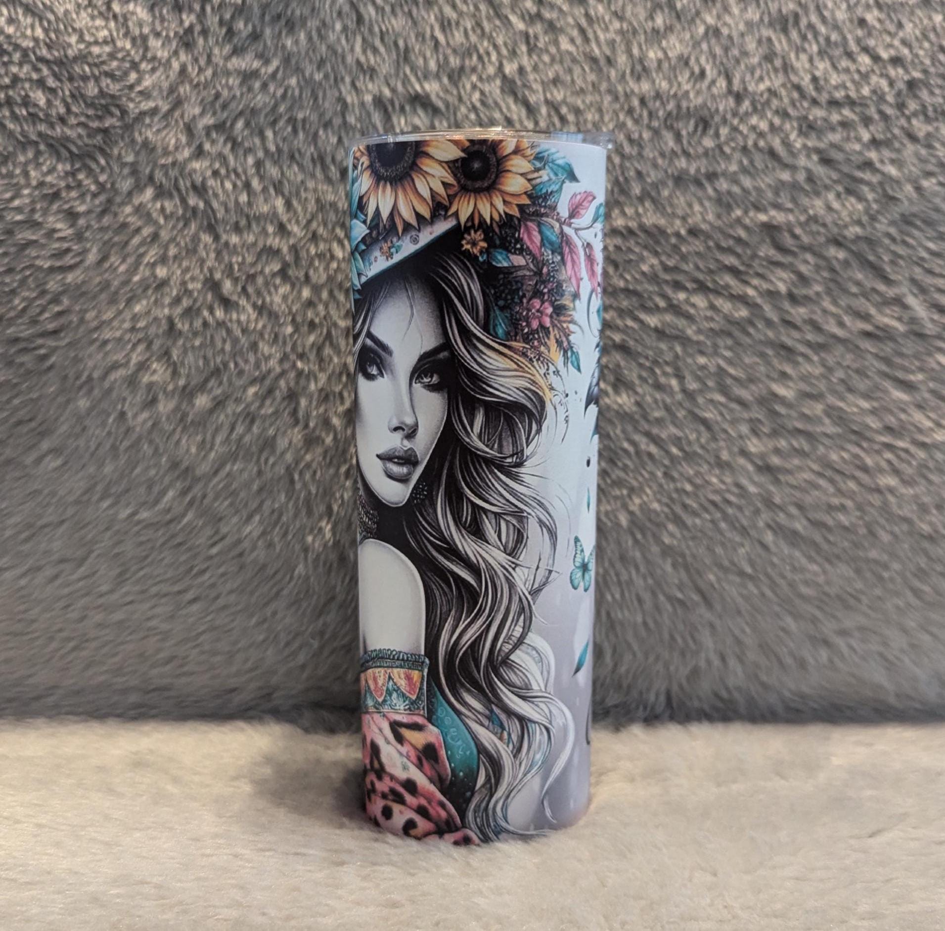 Boho Free Spirit Girl Tumbler 20oz With Reusable Straw, Can Be Personalized