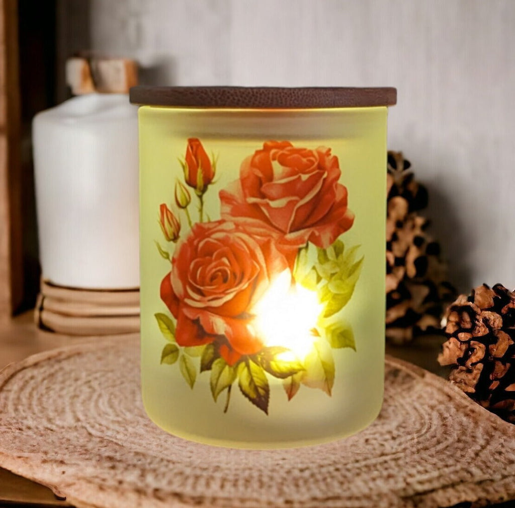 Romantic Red Rose Candle Holder with Bamboo Lid and Flickering Tea Light