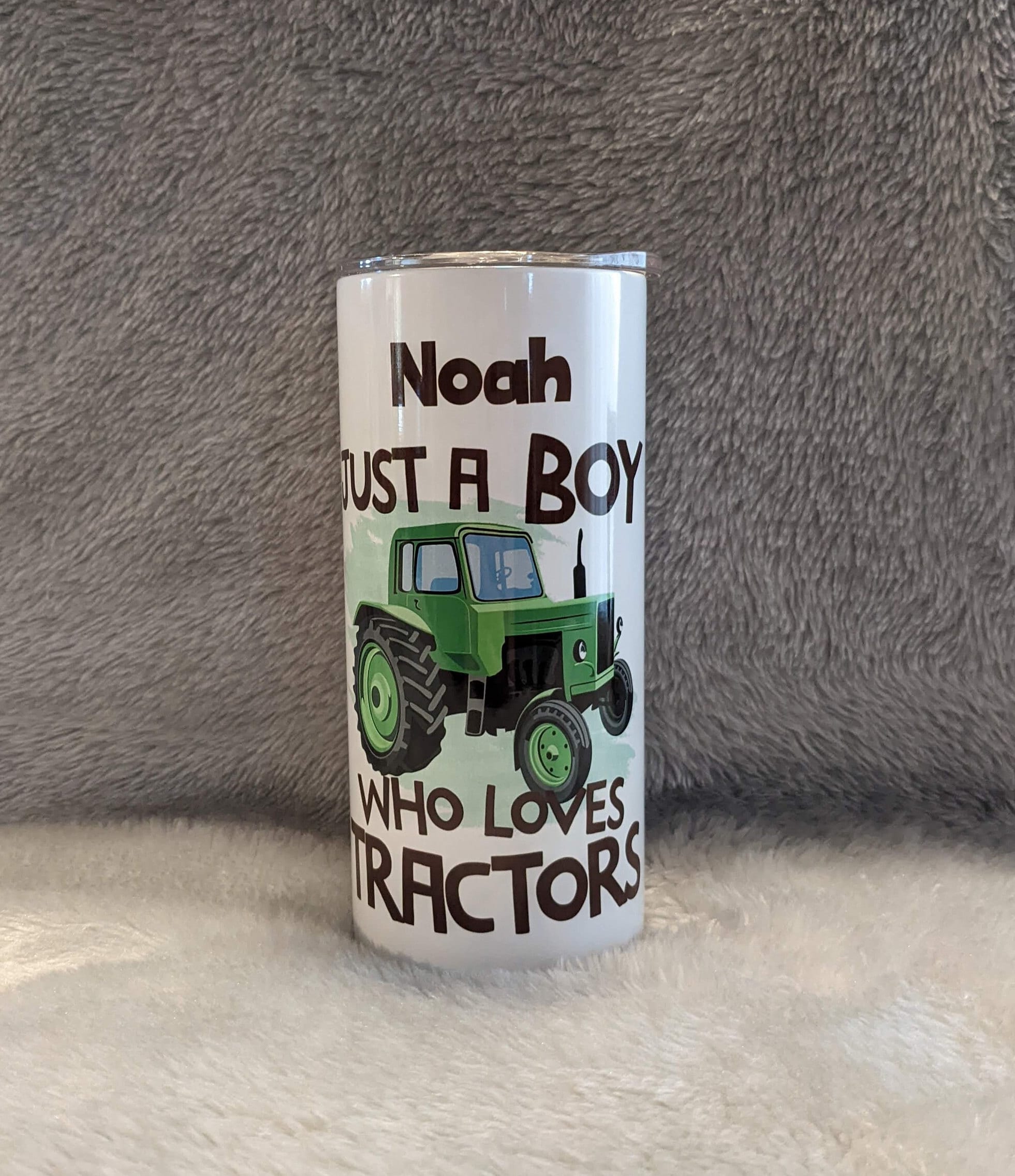 Just A Boy Who Loves Tractors Kids Tumbler 15oz With Reusable Straw, Can Be Personalized