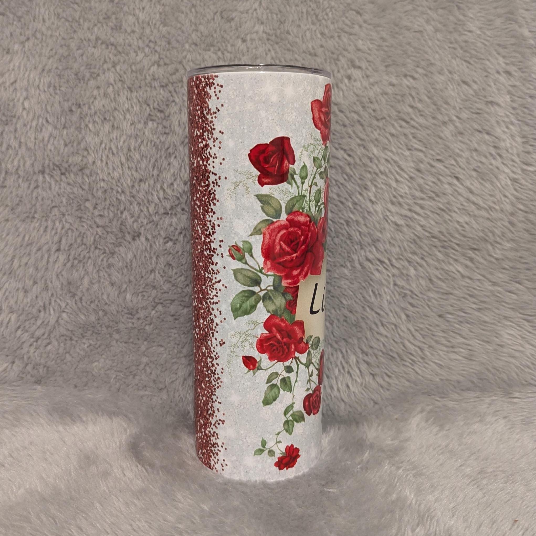 Red Rose Tumbler 20oz With Reusable Straw, Can Be Personalized