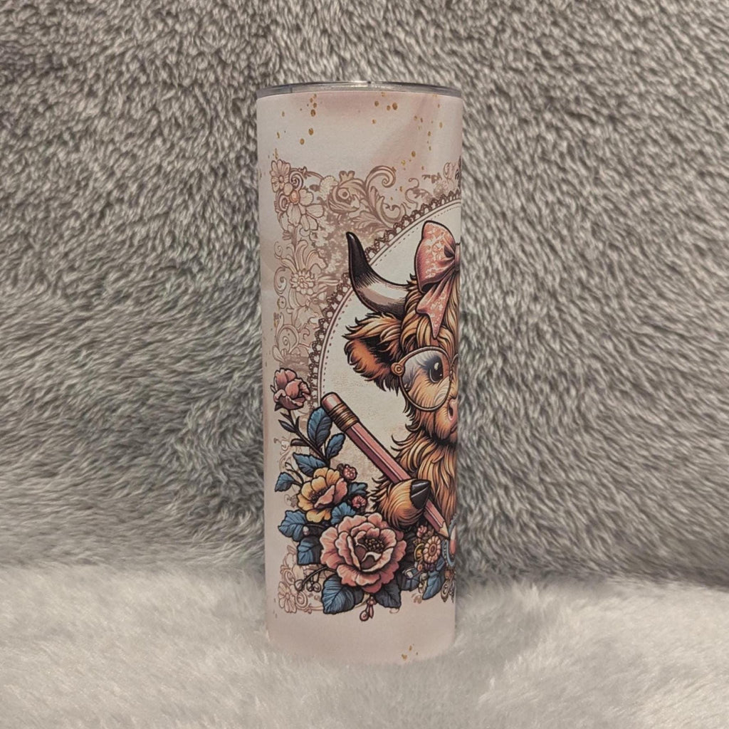 Highland Cow Teacher Tumbler 20oz With Reusable Straw, Can Be Personalized