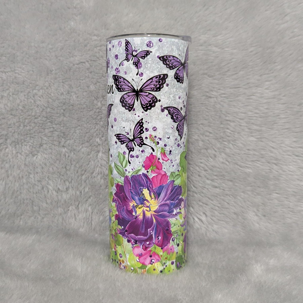 Butterfly Tumbler With Purple Butterflies and Flowers 20oz With Reusable Straw, Can Be Personalized