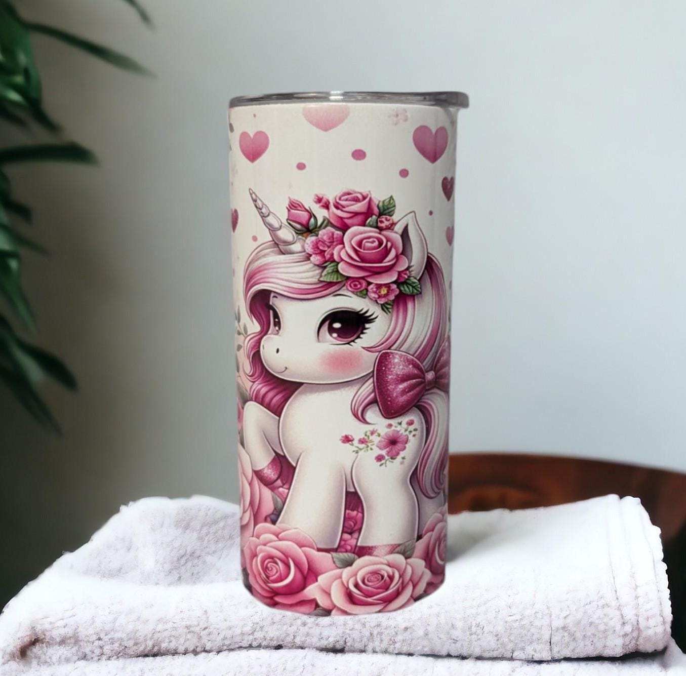 Adorable Kids Unicorn Pony Tumbler 15oz With Reusable Straw, Can Be Personalized