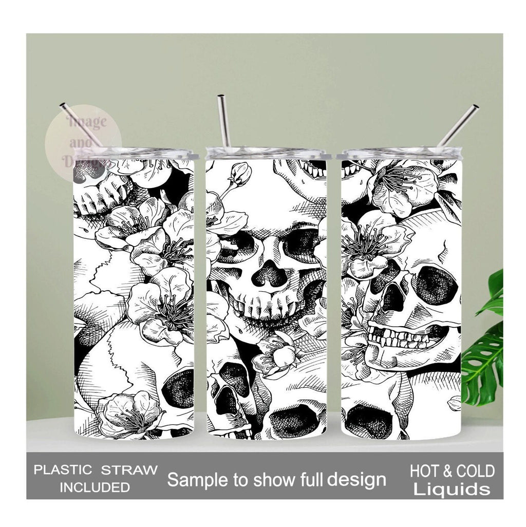 Stylish Black and White Skull Tumbler 20oz With Reusable Straw