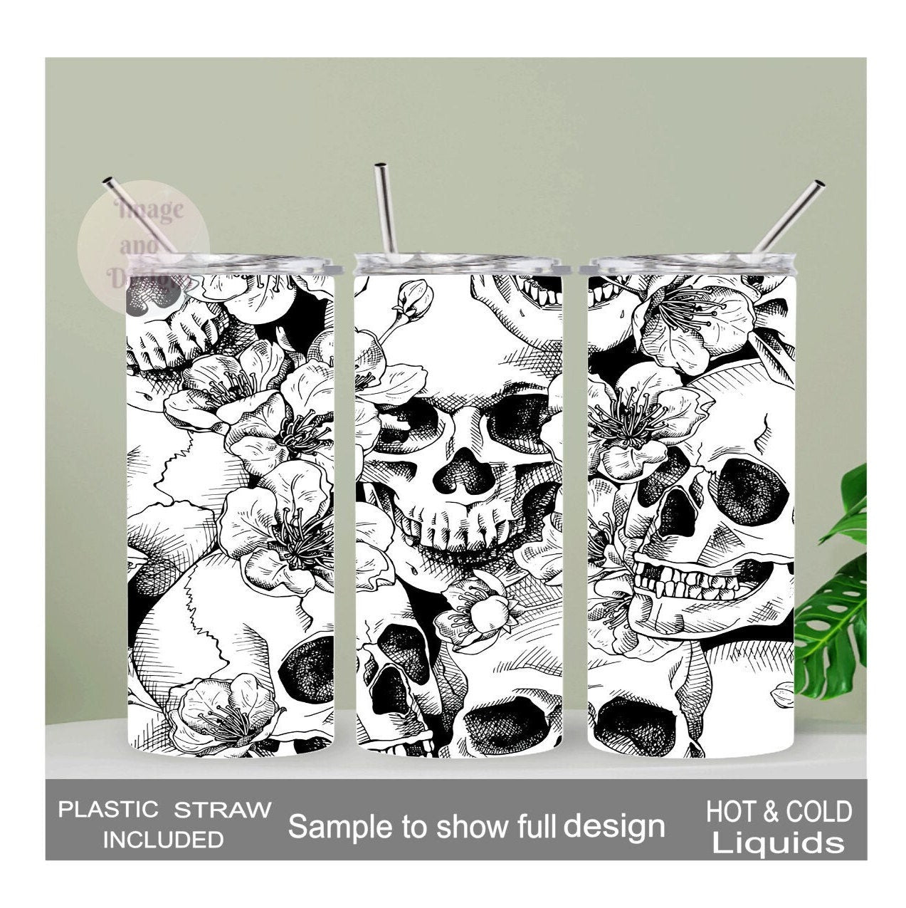 Stylish Black and White Skull Tumbler 20oz With Reusable Straw