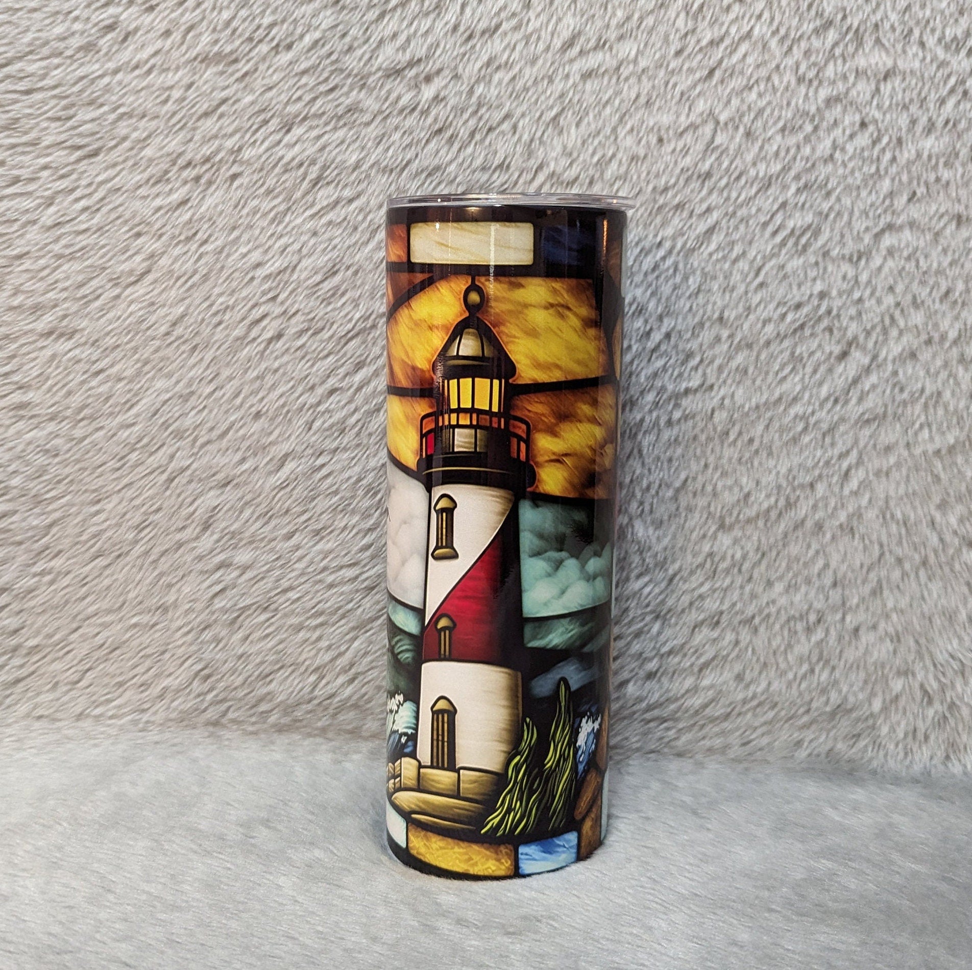 Beautiful Lighthouse Tumbler With A Stained Glass Design 20oz With Reusable Straw, Can Be Personalized