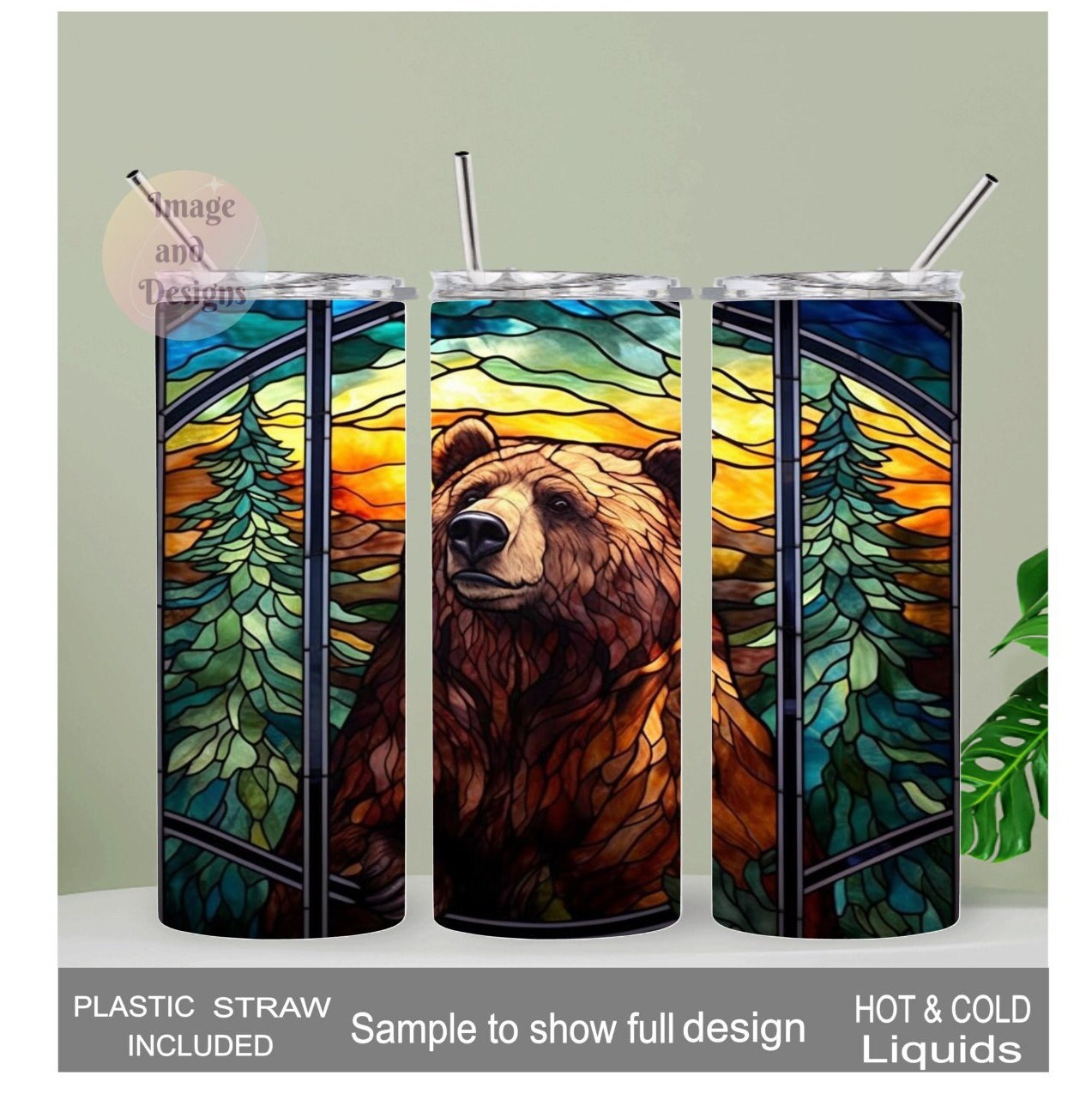 Brown Bear Tumbler With Stained Glass Design 20oz With Reusable Straw, Can Be Personalized