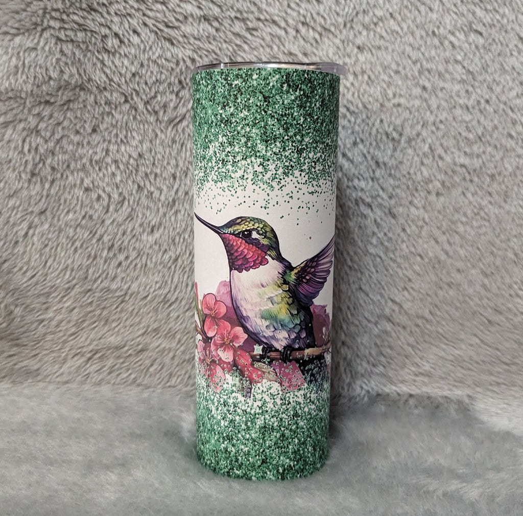 Hummingbird Tumbler with A Green Glitter Design 20oz With Reusable Straw, Can Be Personalized