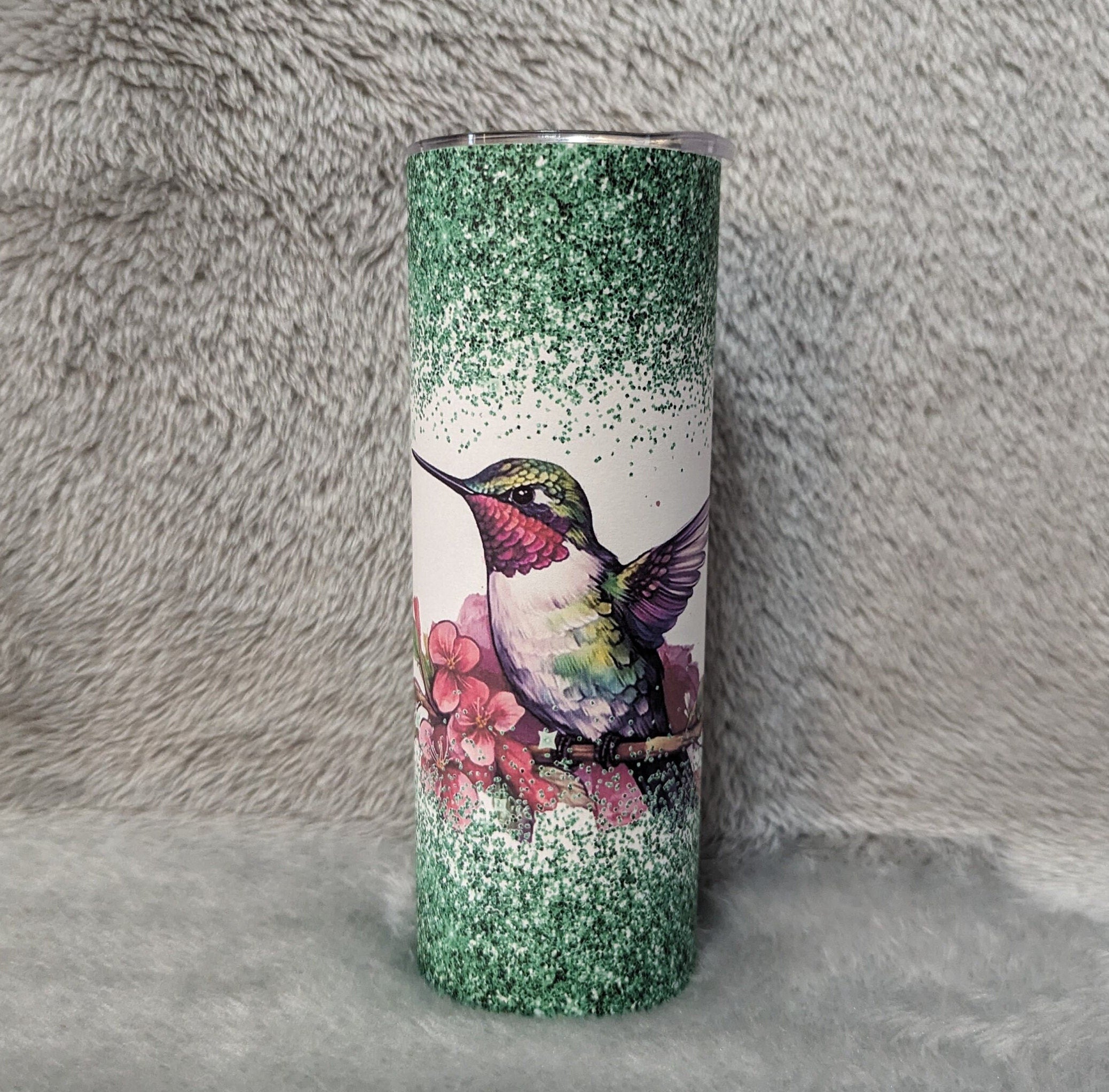 Hummingbird Tumbler with A Green Glitter Design 20oz With Reusable Straw, Can Be Personalized