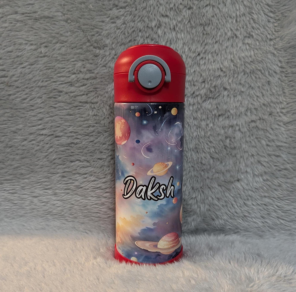 Kids Space Water Bottle With A Planet Design 12oz With Reusable Straw Can Be Personalized