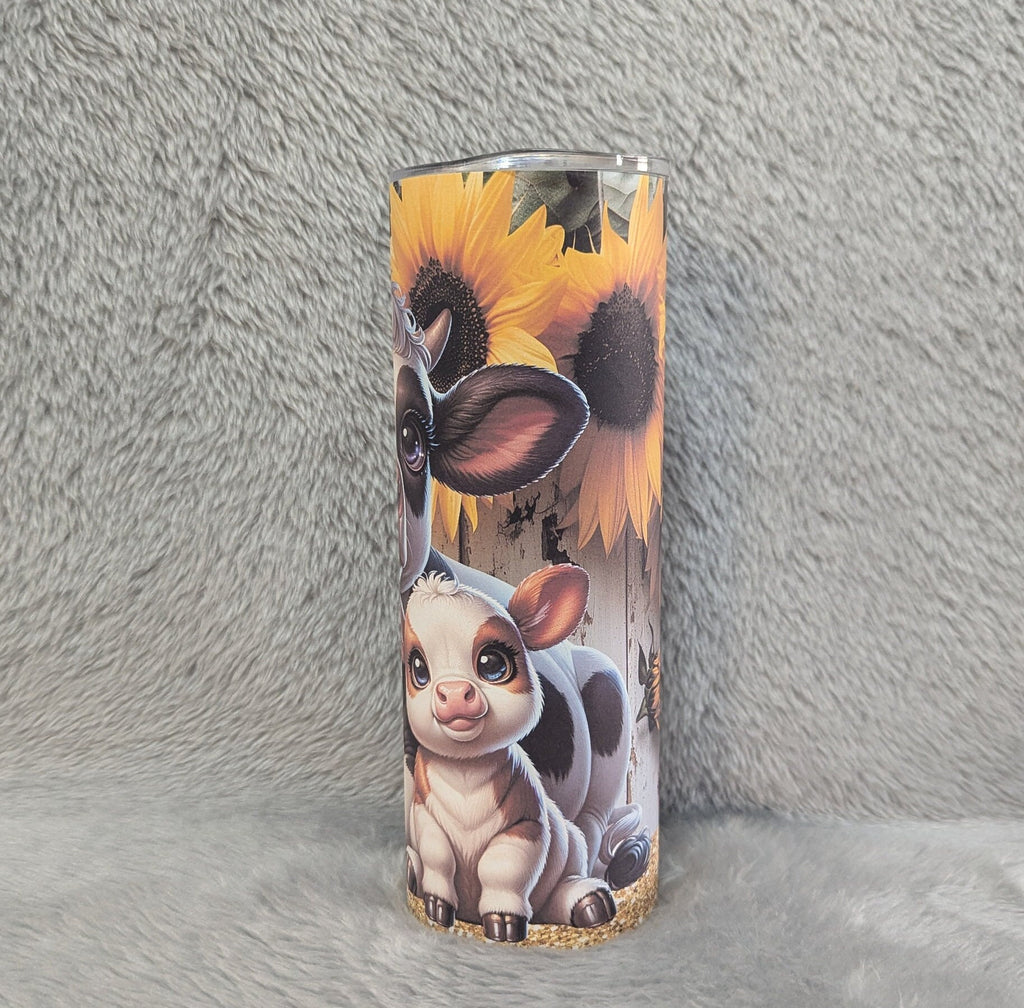 Cow Tumbler With Sunflowers 20oz With Reusable Straw, Can Be Personalized