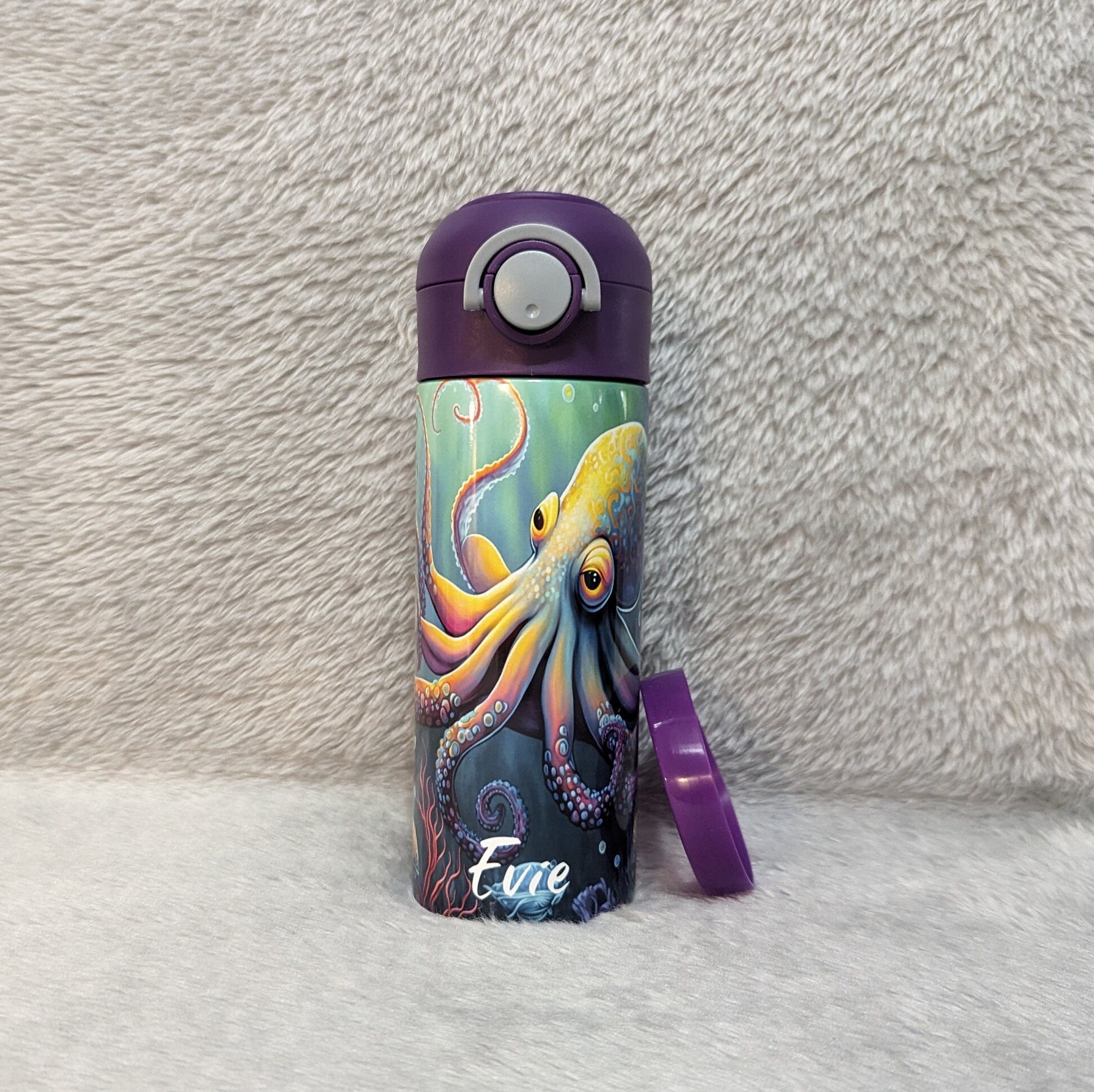 Kids Octopus Water Bottle 12oz With Reusable Straw, Can Be Personalized