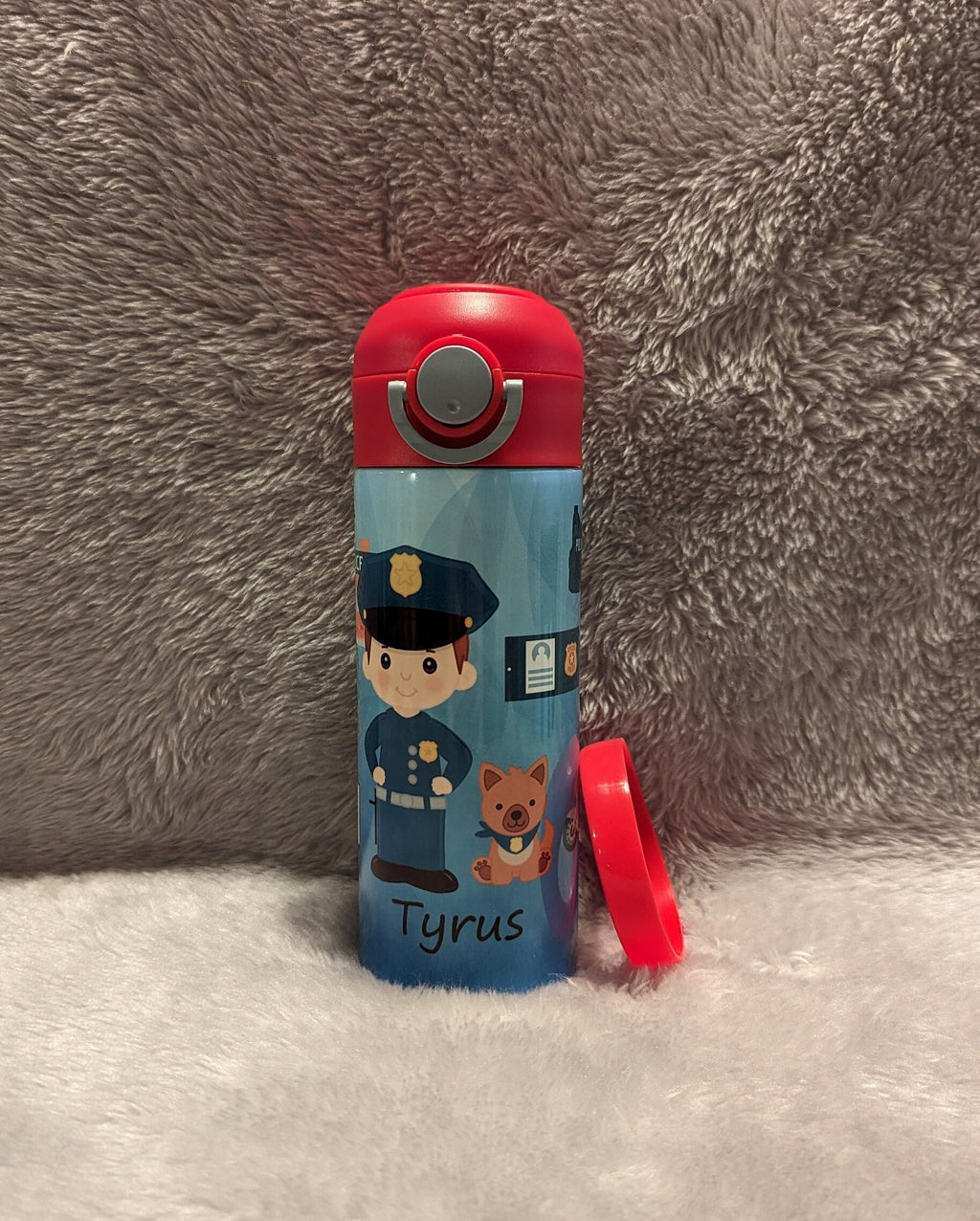 Kids Boy Cop Water Bottle 12oz With Reusable Straw Can Be Personalized