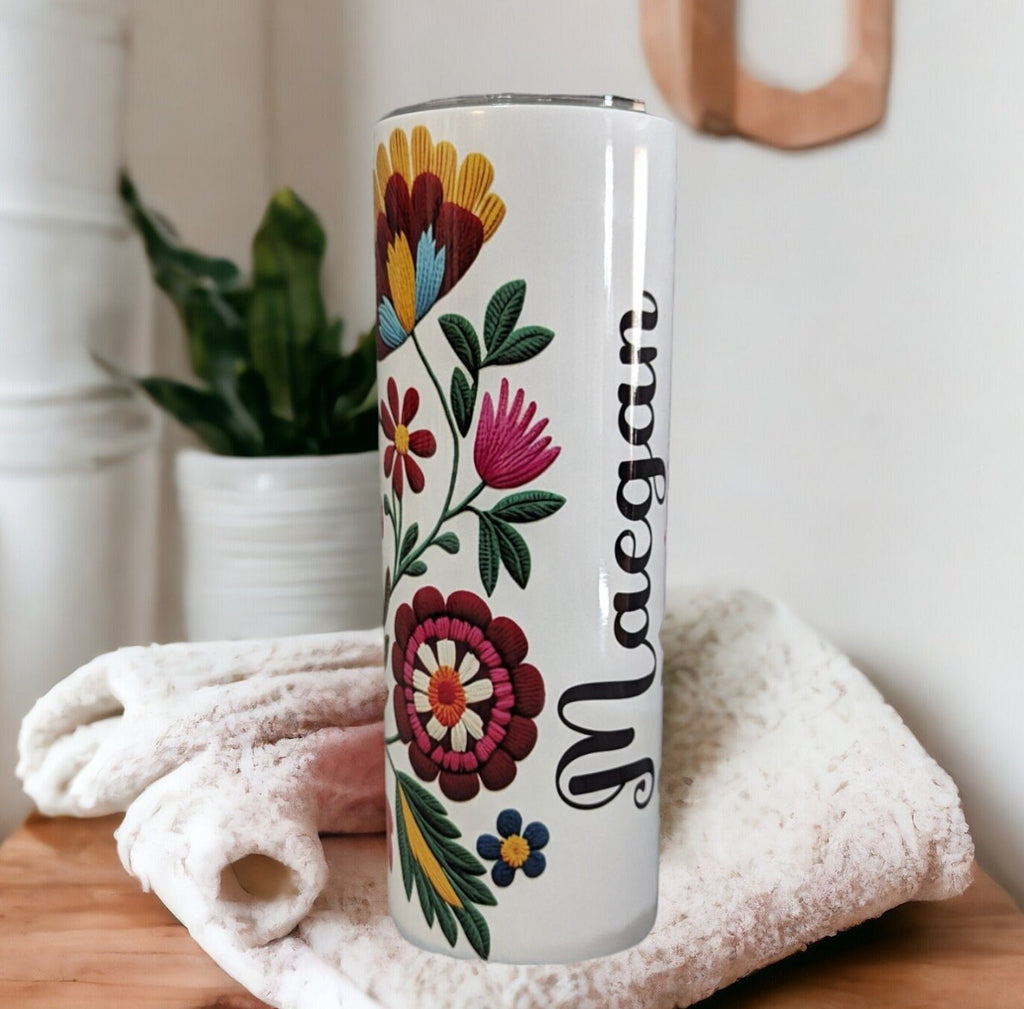 Personalized Flowers Stitch Design Tumbler 20oz Includes Reusable Straw
