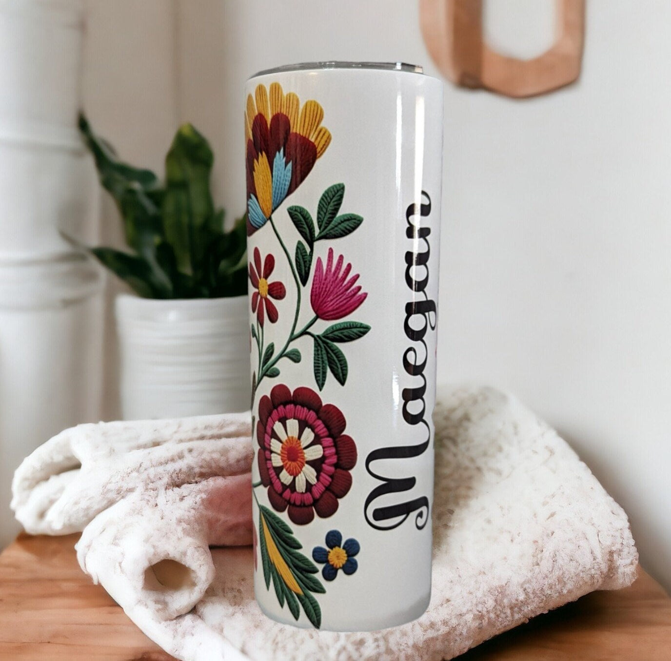 Personalized Flowers Stitch Design Tumbler 20oz Includes Reusable Straw