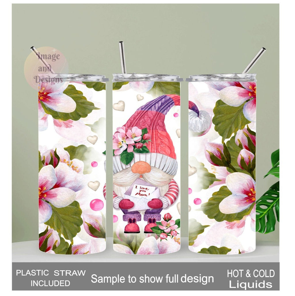 I Love You Mom Gnome Tumbler With A Gnome Holding A letter 20oz With Reusable Straw, Can Be Personalized