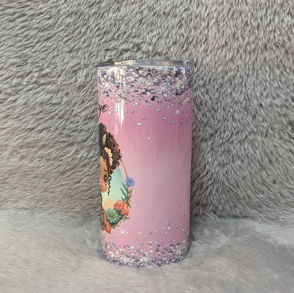 Little Girl With Pretty Flowers and A Glitter Design Tumbler 15oz With Reusable Straw, Can Be Personalized