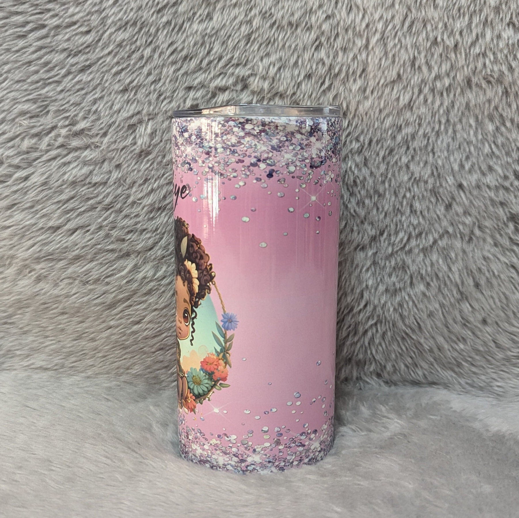 Little Girl With Pretty Flowers and A Glitter Design Tumbler 15oz With Reusable Straw, Can Be Personalized