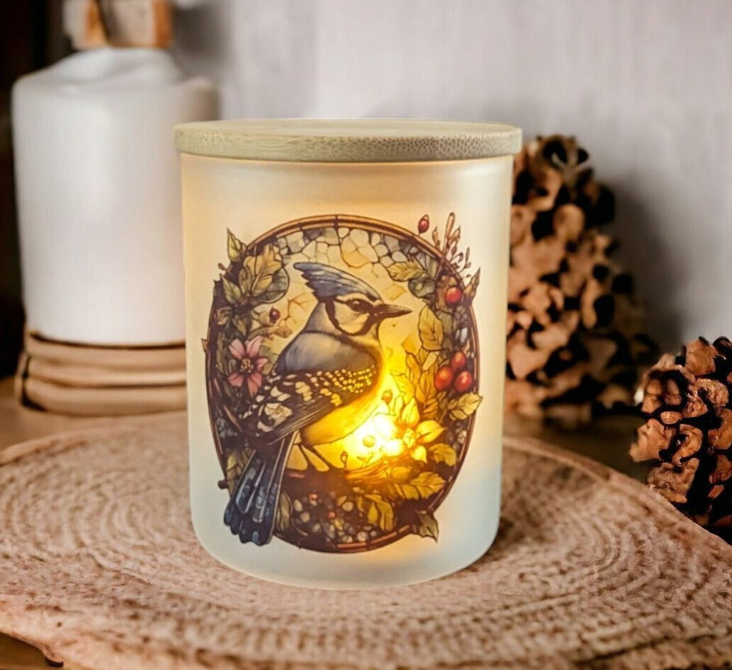 Blue Jay Candle Holder With A Battery Operated Flickering Tea Light