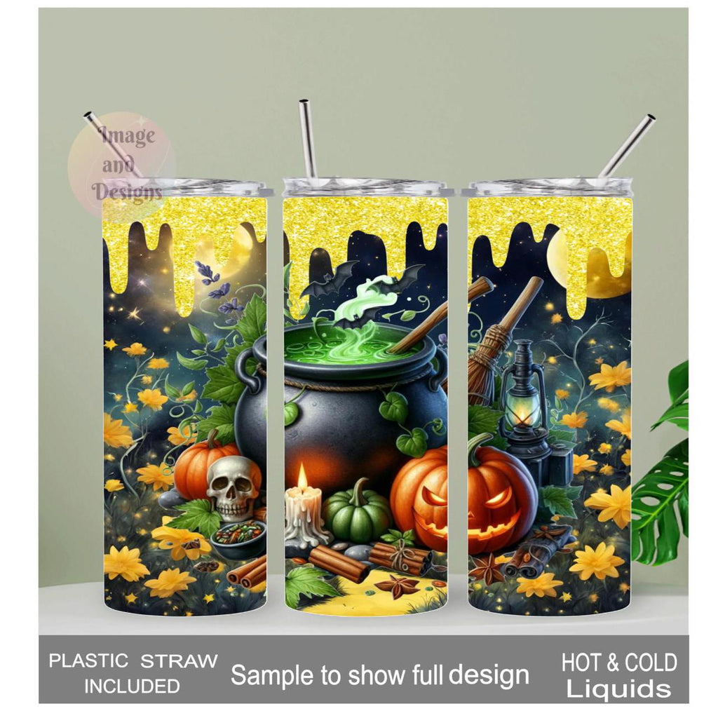Witches Cauldron Halloween Tumbler 20oz With Reusable Straw, Can Be Personalized