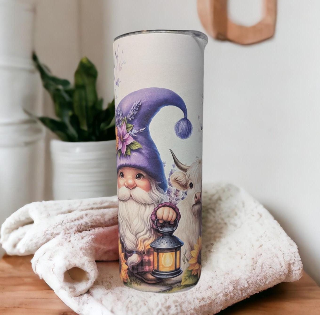 Gnome With Highland Cow Tumbler 20oz With Reusable Straw, Can Be Personalized