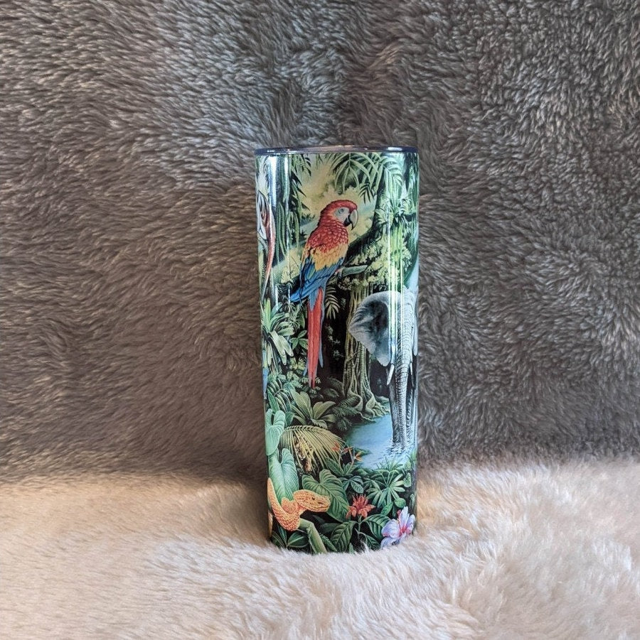 Elephant Tumbler With A Jungle Scene 20oz With Reusable Straw, Can Be Personalized
