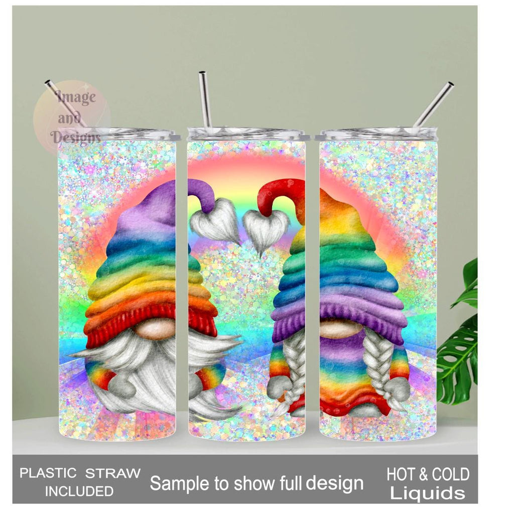 Colorful Rainbow Gnome Tumbler 20oz With Reusable Straw, Can Be Personalized