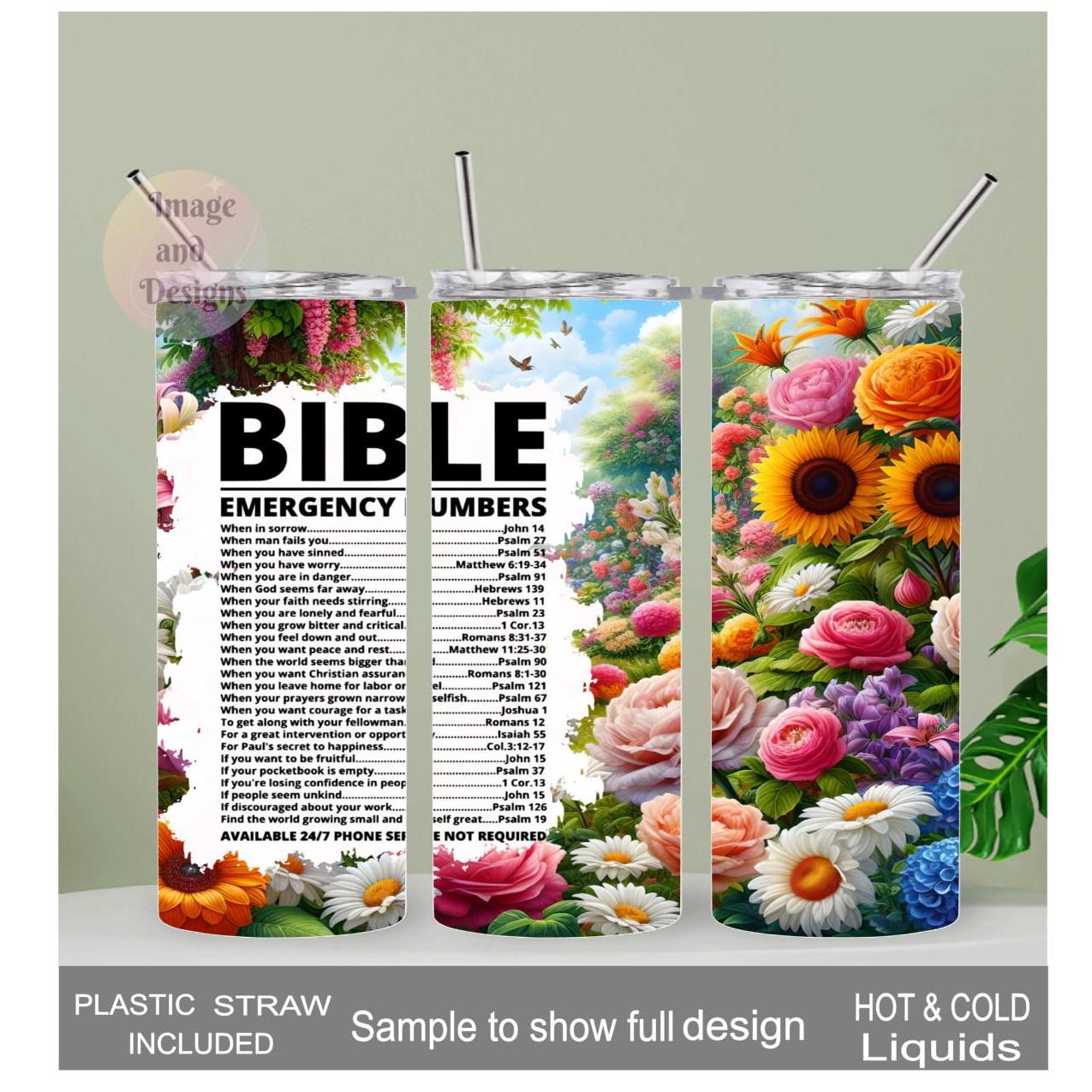 Bible Emergency Numbers Chapters Tumbler 20oz With Reusable Straw