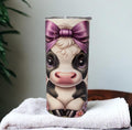 Kids Cow Tumbler with a Calf With Her Purple Bow and Flowers 15oz With Reusable Straw, Can Be Personalized
