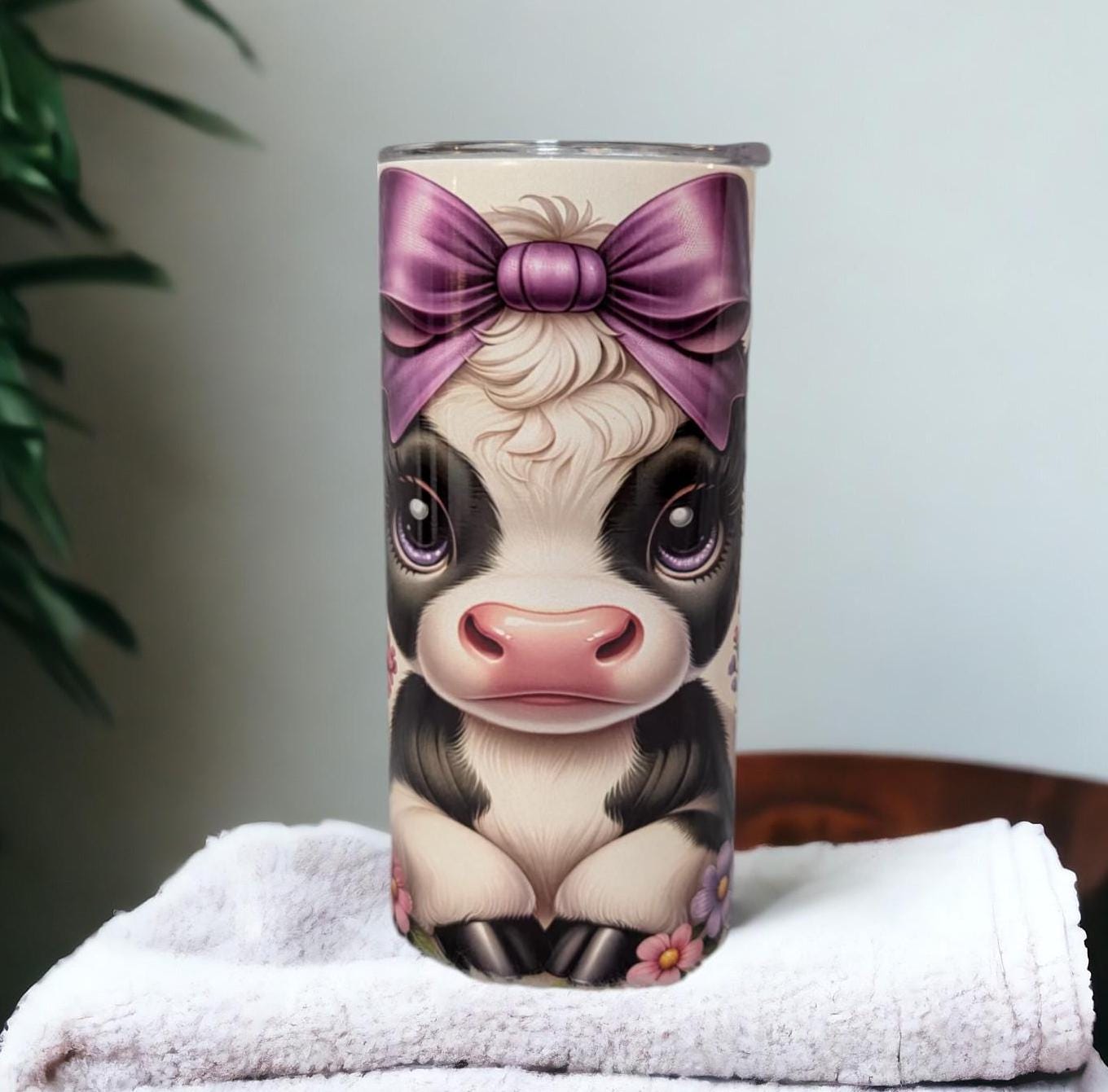 Kids Cow Tumbler with a Calf With Her Purple Bow and Flowers 15oz With Reusable Straw, Can Be Personalized