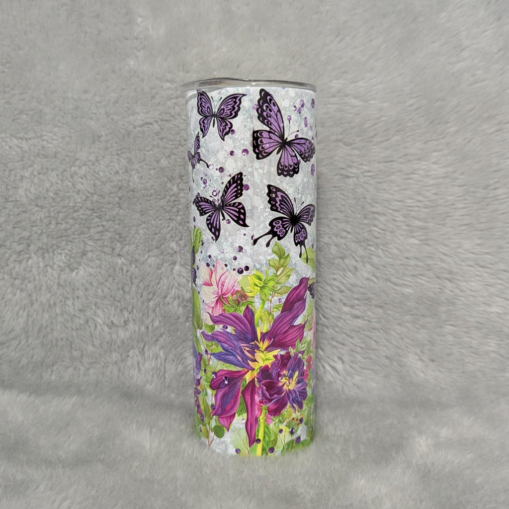 Butterfly Tumbler With Purple Butterflies and Flowers 20oz With Reusable Straw, Can Be Personalized
