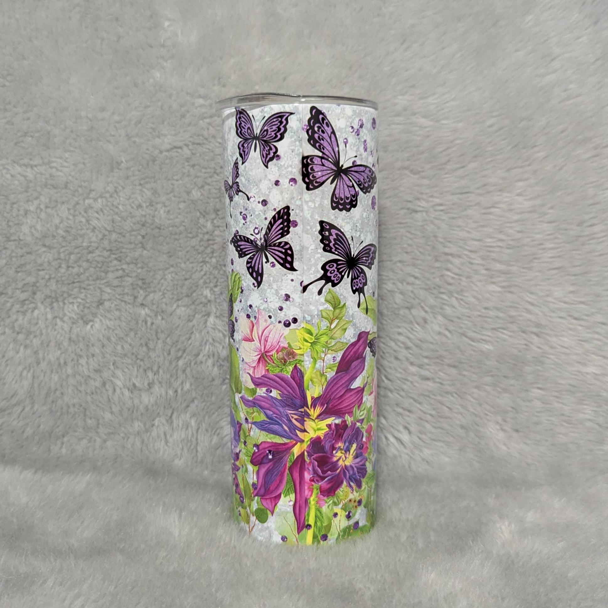 Butterfly Tumbler With Purple Butterflies and Flowers 20oz With Reusable Straw, Can Be Personalized