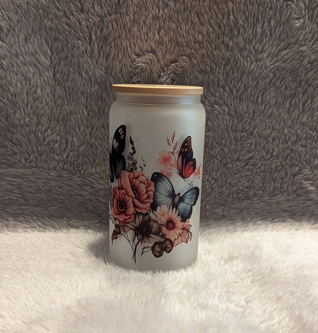 16oz Frosted Butterfly Glass With A Bamboo Lid and Reusable Straw
