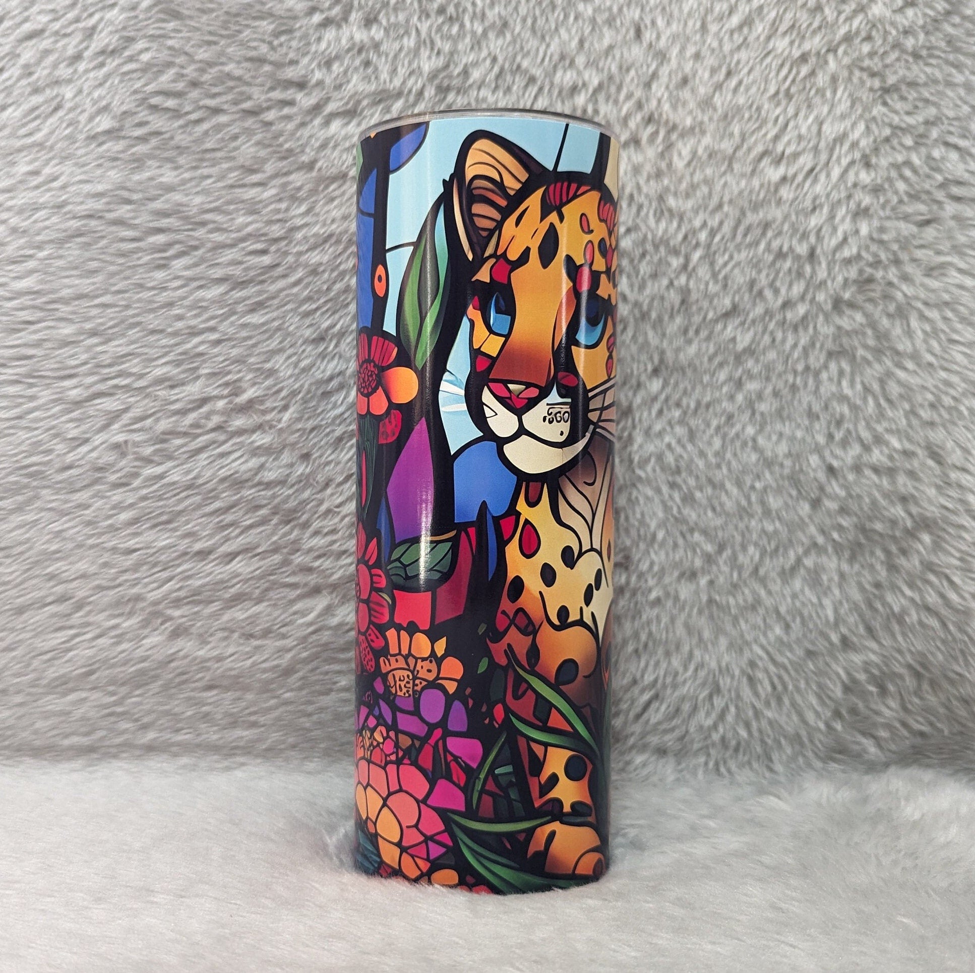 Cheetah Tumbler With A Stained Glass Design 20oz With Reusable Straw, Can Be Personalized