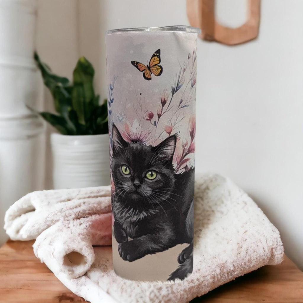 Black Kitten Tumbler 20oz With Reusable Straw, Can Be Personalized