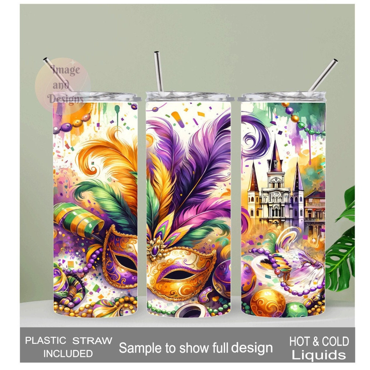 Mardi Gras Tumbler 20oz With Reusable Straw, Can Be Personalized