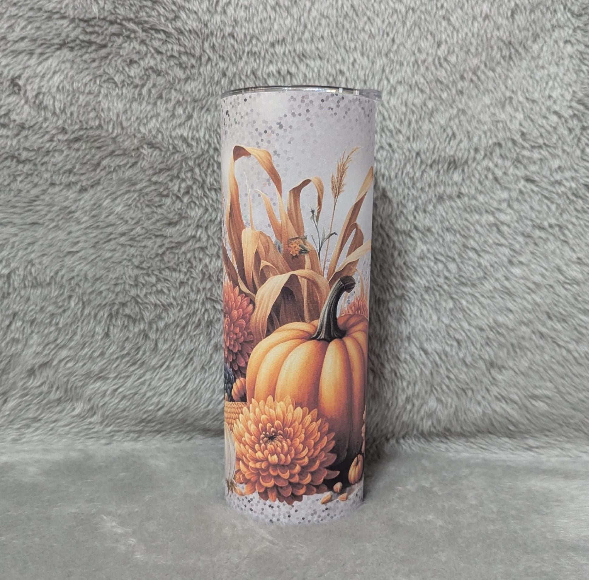 Floral Pumpkin Tumbler 20oz With Reusable Straw, Can Be Personalized
