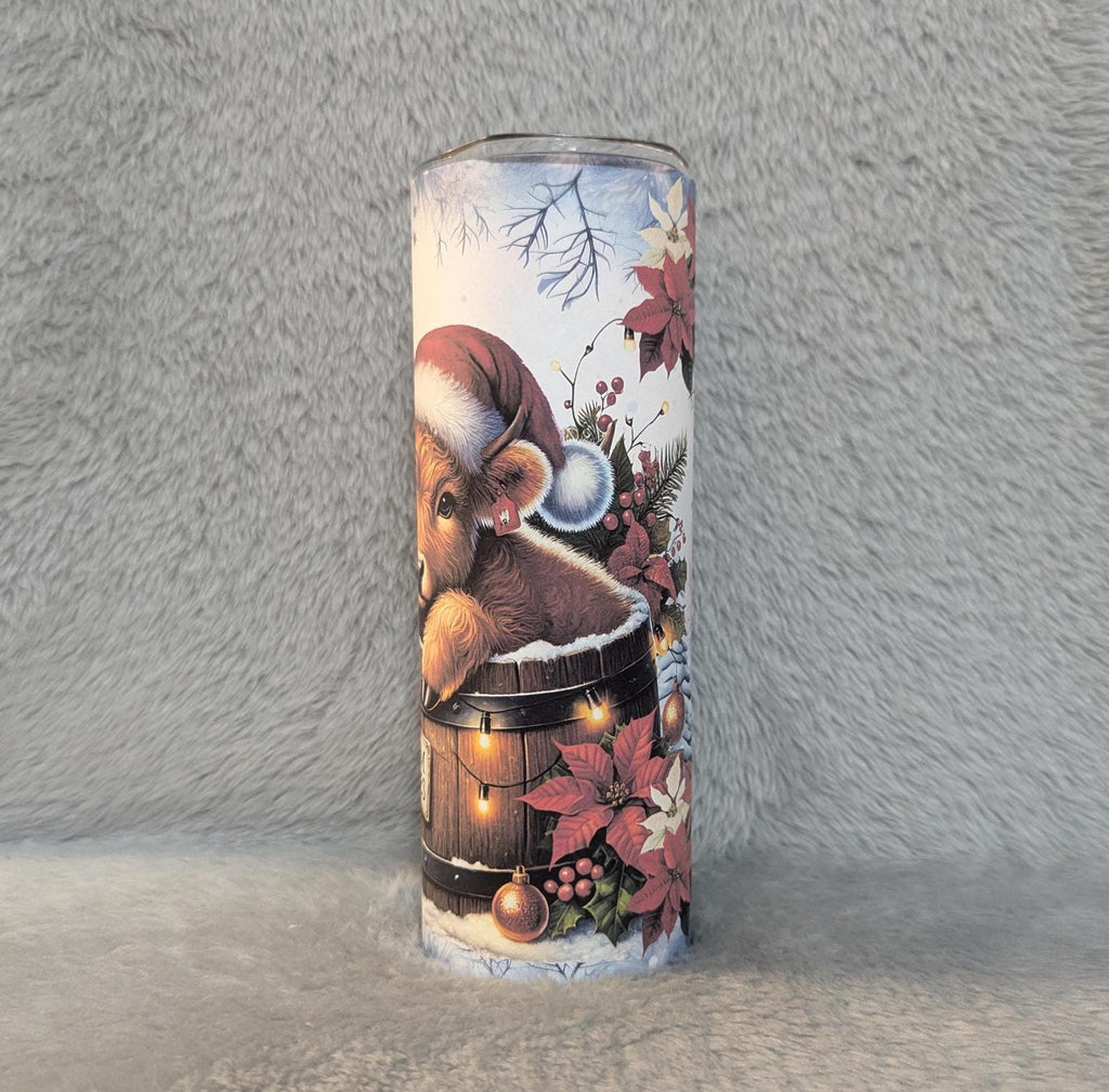 Christmas Highland Cow Tumbler 20oz With Reusable Straw, Can Be Personalized