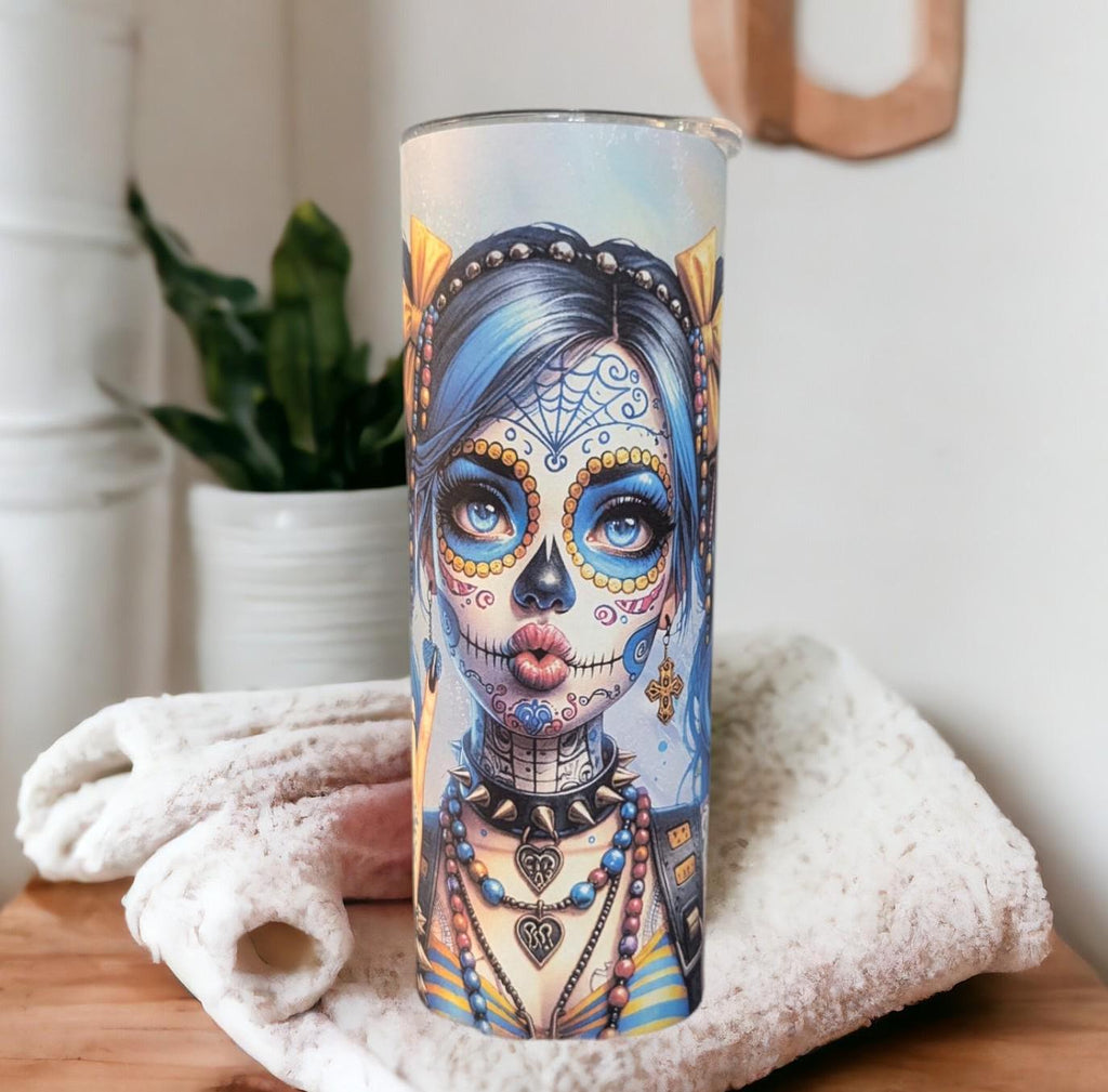 Sugar Skull Girl Tumbler 20oz With Reusable Straw, Can Be Personalized