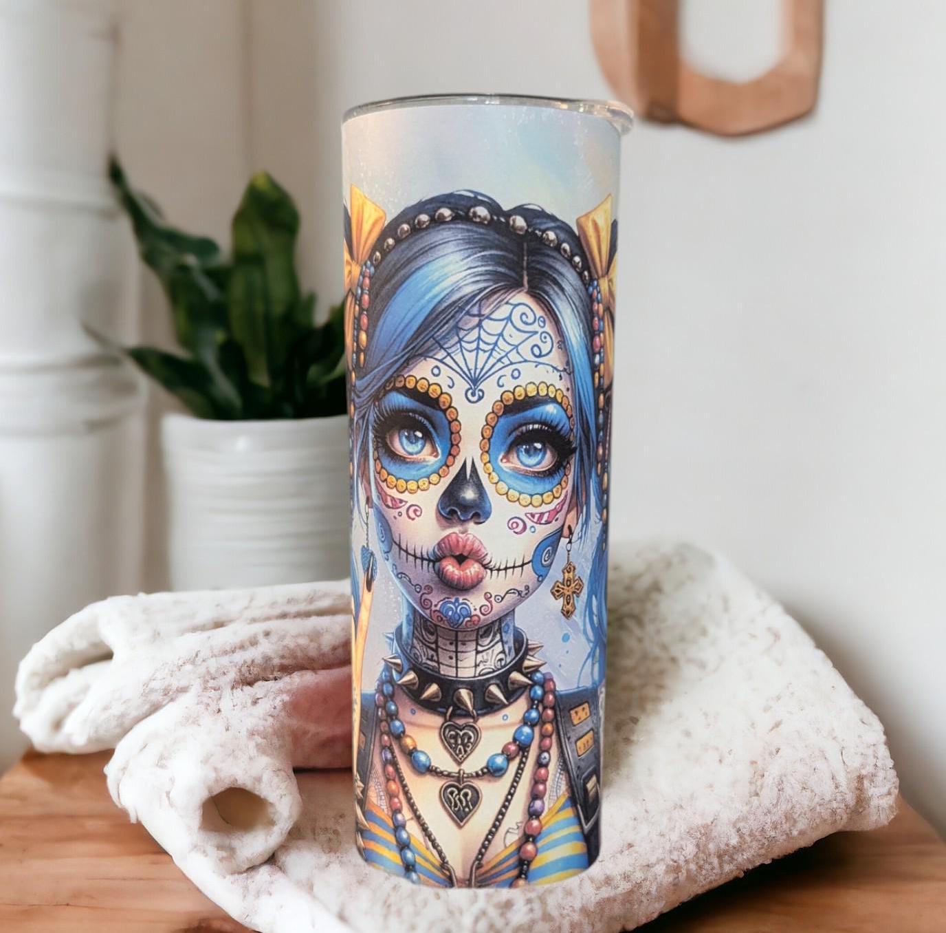 Sugar Skull Girl Tumbler 20oz With Reusable Straw, Can Be Personalized