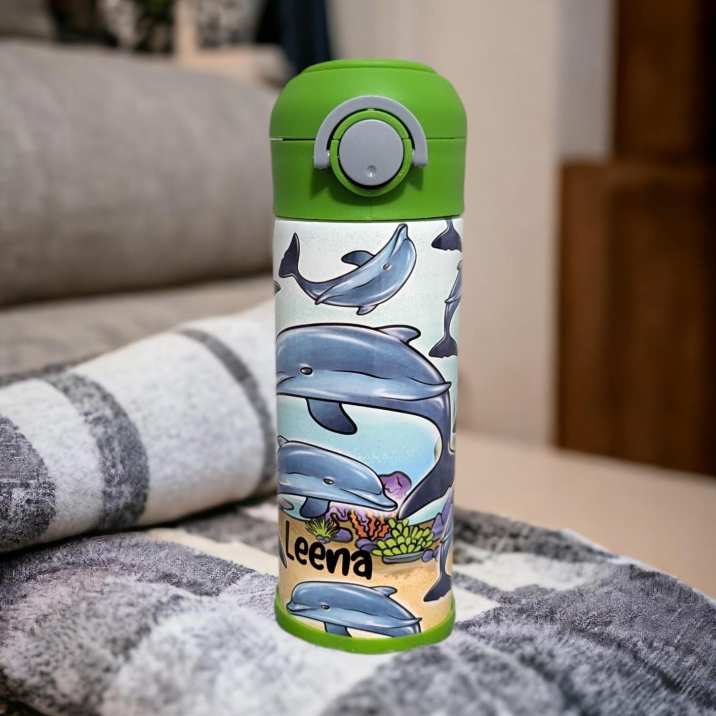 Kids Dolphin Water Bottle 12oz With Reusable Straw Can Be Personalized