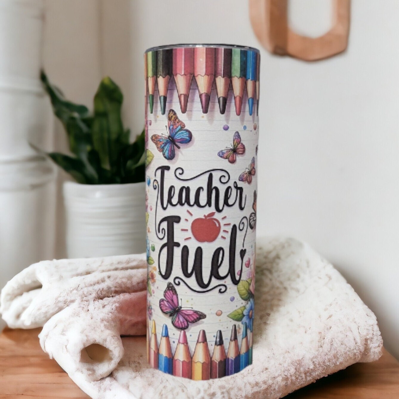 Teacher Fuel Tumbler with Colored Pencils and Butterflies 20oz With Reusable Straw, Can Be Personalized
