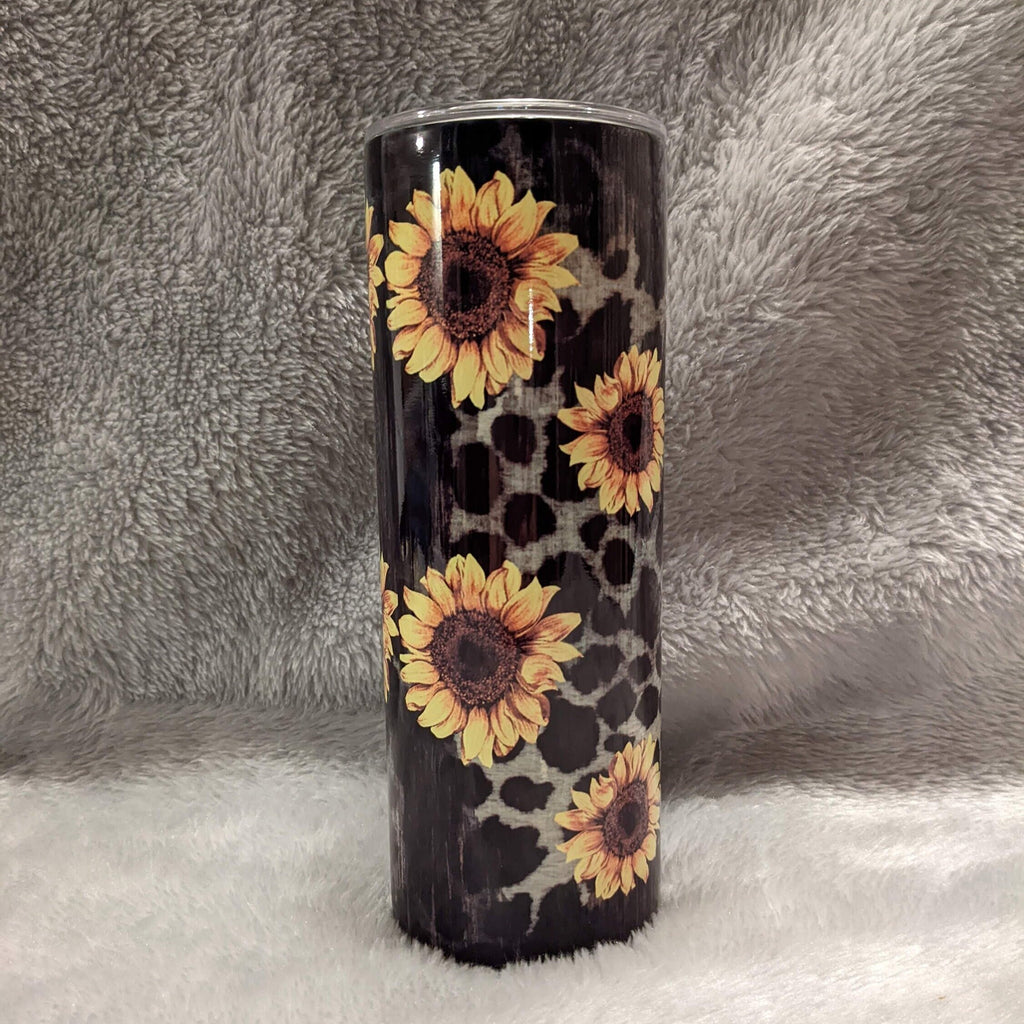 Sunflower Tumbler With A Leopard Print 20oz With Reusable Straw, Can Be Personalized