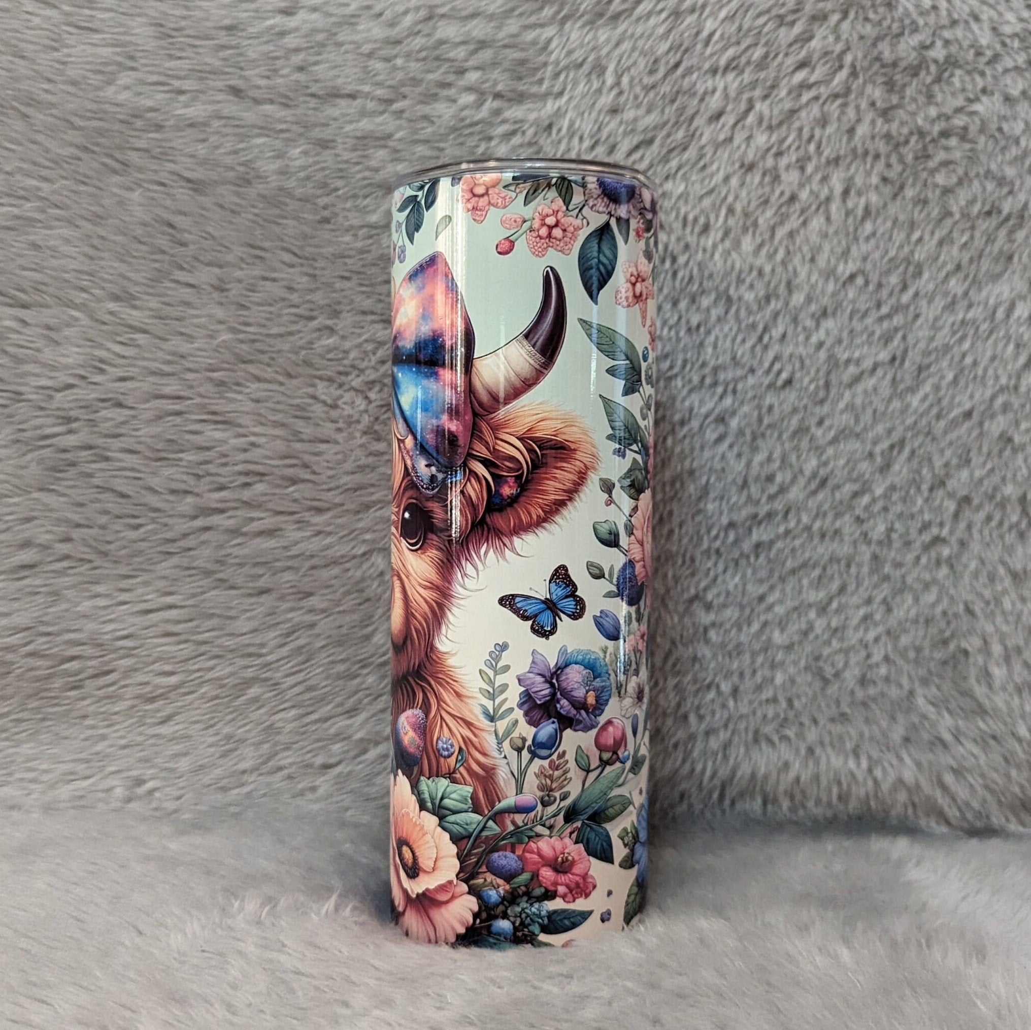 Highland Cow Tumbler With A Calf and Colorful Flowers 20oz With Reusable Straw, Can Be Personalized
