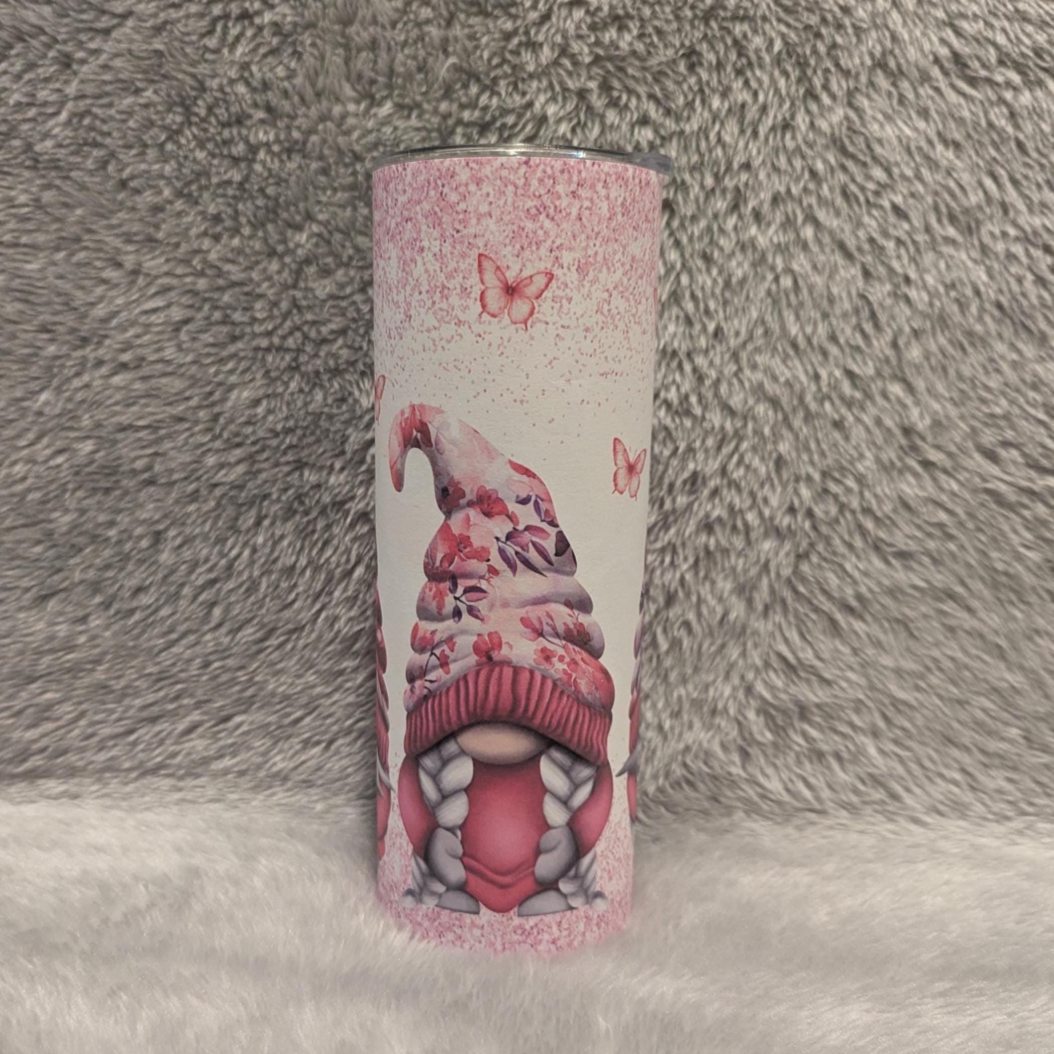 Gnome Tumbler with Butterflies and A Glitter Design 20oz With Reusable Straw, Can Be Personalized