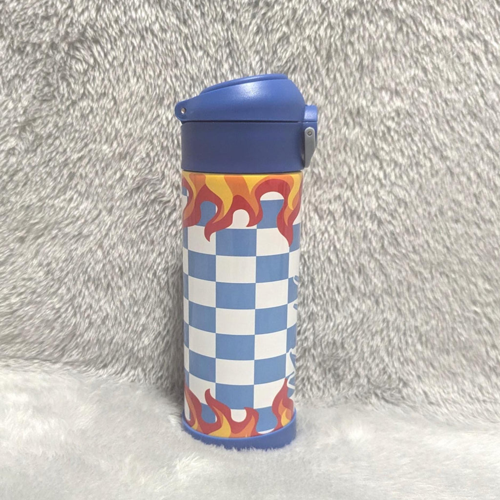 Kids Checkered Flames Water Bottle 12oz With Reusable Straw, Can Be Personalized